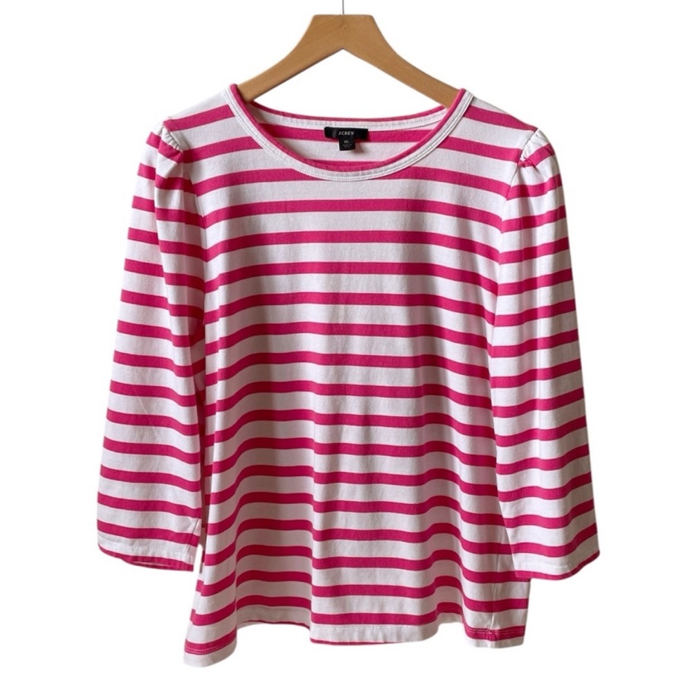 J. Crew puff sleeve pink and white Breton stripe top